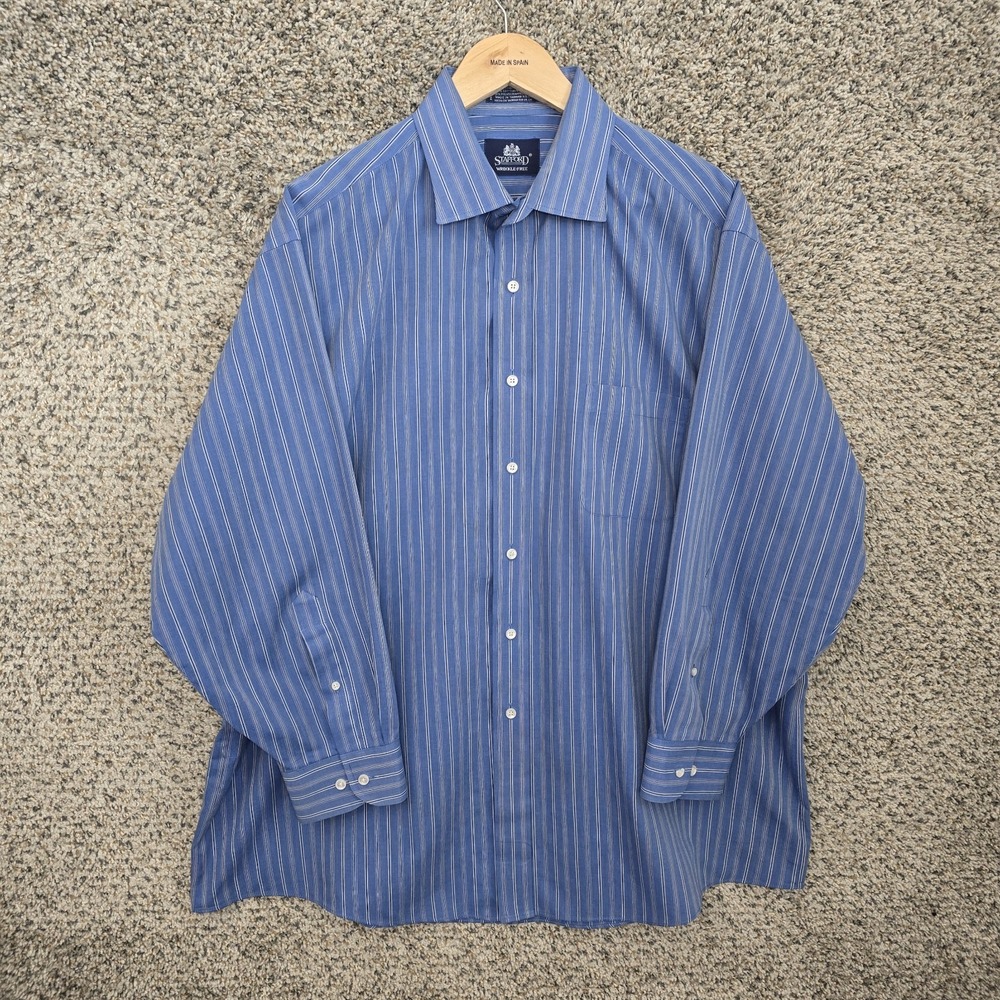 Stafford Dress Shirt Mens 17.5 32/33 Button Up Striped‎ Broadcloth Cotton Blend